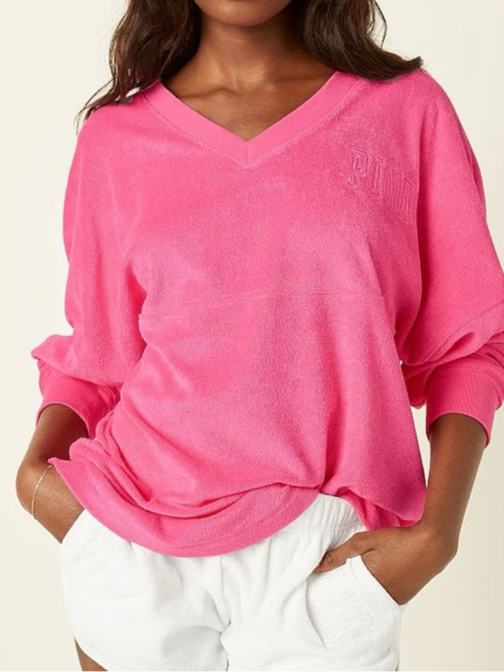 Victoria’s Secret Pink Capri Pink Varsity Terry V Neck Sweatshirt Women’s L NWT